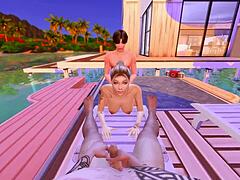 Young stepson engages in anal sex with his stepmother under the watchful eye of her husband, creating a simulated cheating scenario in a cartoon-style anime.