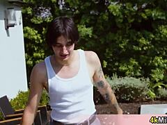 Alexis, a mature housewife with large breasts, successfully seduces the gardener in a POV encounter
