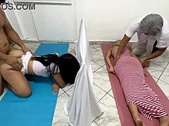Cheating husband watches as masseuse pleasures his wife