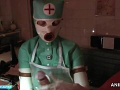 मास्क ग्लव्स में नर्स जेड ग्रीन रबर की पोशाक में मरीज को गुदा मुट्ठी और मौसी देती है